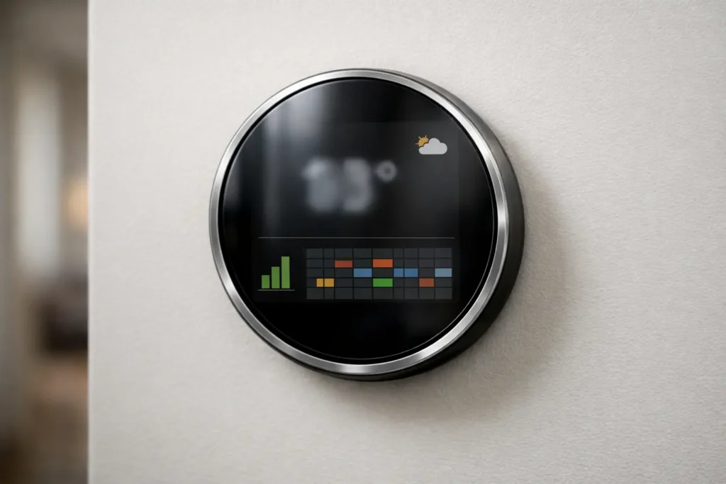 Intelligent thermostat displaying energy savings and temperature schedule on touchscreen