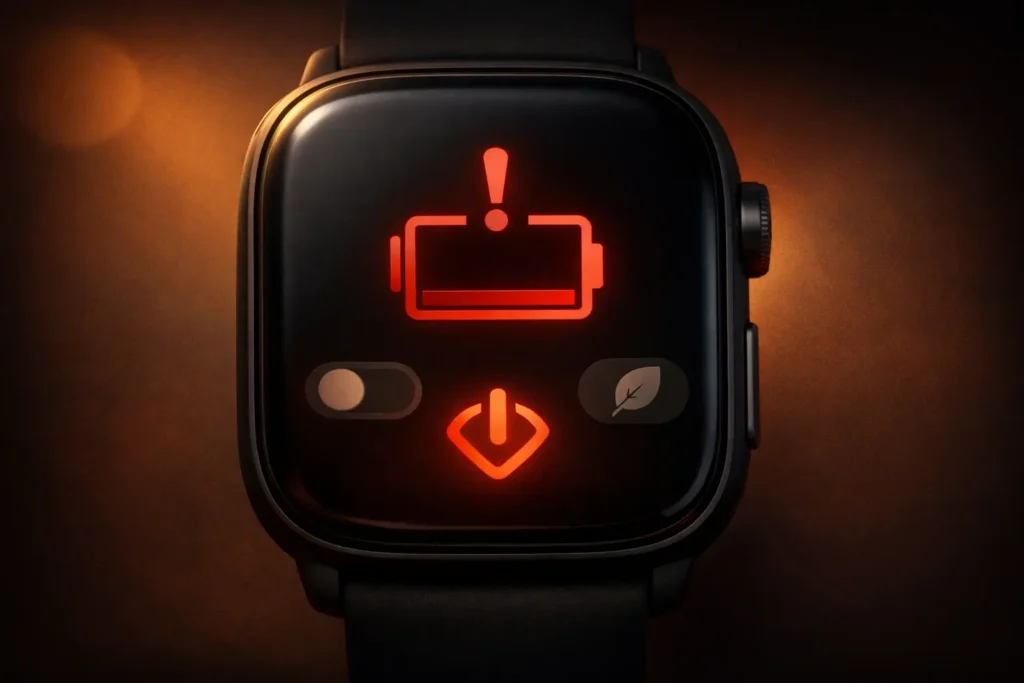 Low battery indicator on smartwatch screen with power-saving settings menu