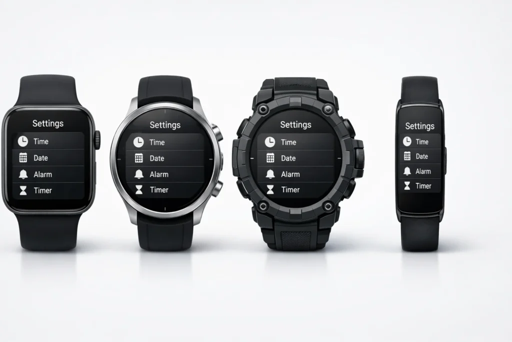 Multiple smartwatch brands including Apple Watch, Samsung Galaxy Watch, Garmin, and Fitbit showing time settings