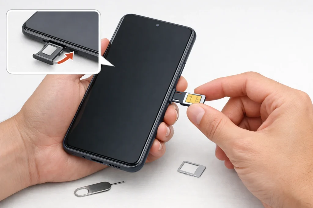 Person inserting new SIM card into unlocked Boost Mobile phone