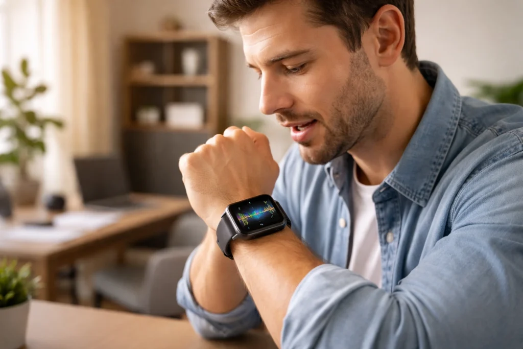 Person using voice commands to adjust smartwatch time with Google Assistant interface displayed