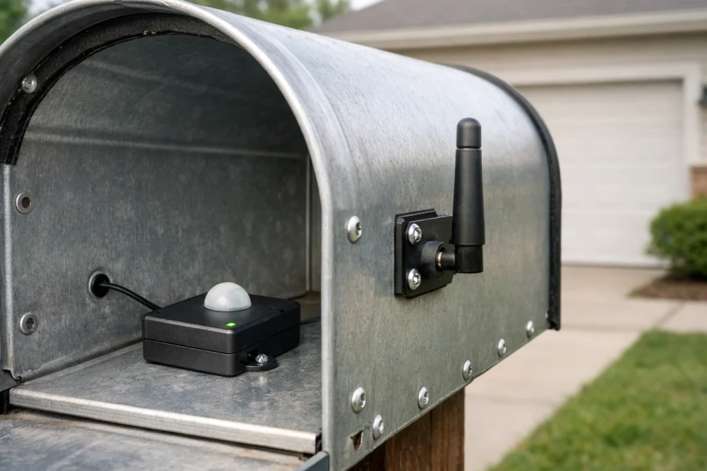 Ring mailbox sensor with external antenna for long-range connectivity.