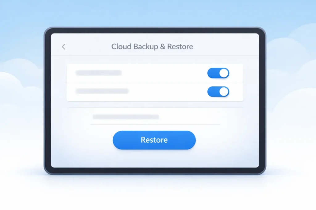 Samsung Cloud backup settings screen with restore data options for Galaxy tablet recovery