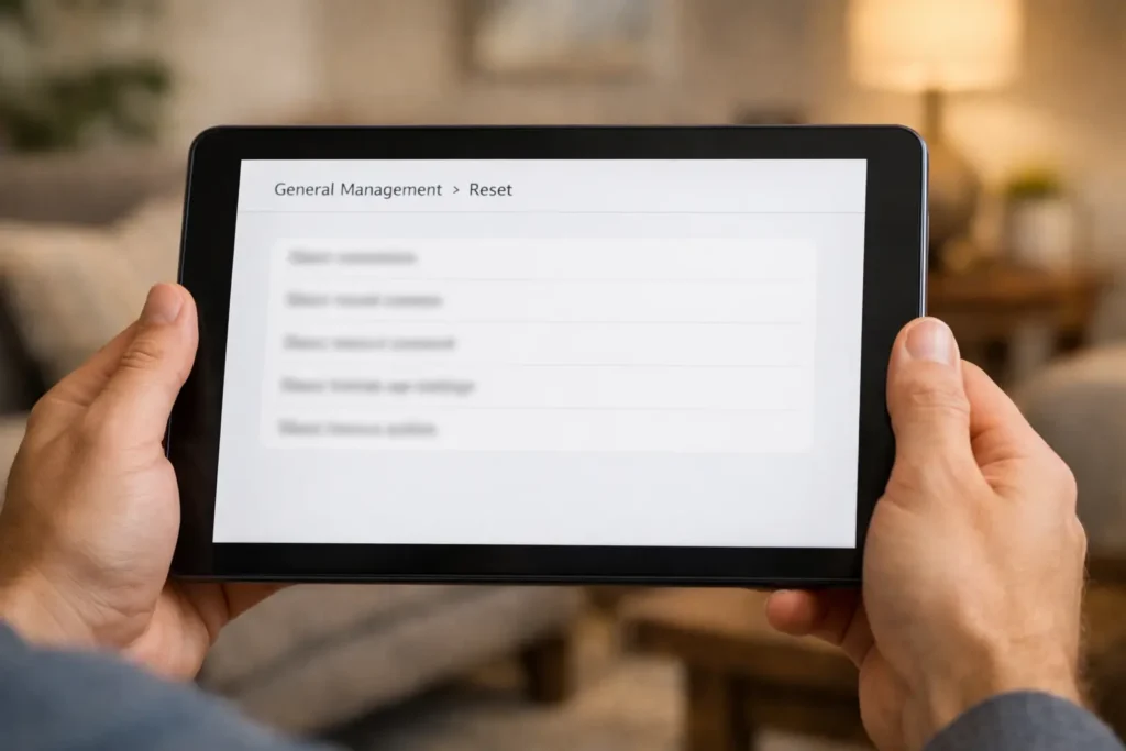 Samsung Galaxy tablet displaying factory reset screen with General Management settings menu