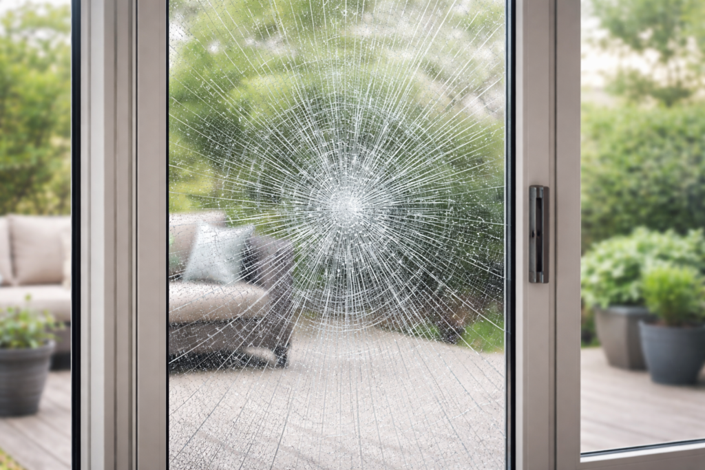 Shatter-resistant security film on a sliding glass door holding cracked glass together in a spiderweb pattern after impact.