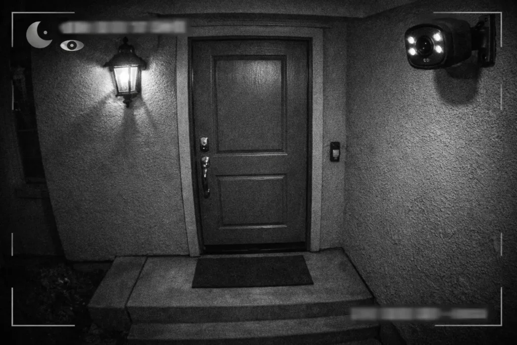 Smart home security camera monitoring front door with night vision capability