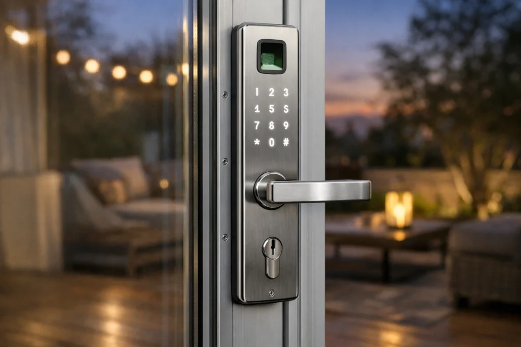 Smart lock for sliding glass door with fingerprint sensor installed on a patio.