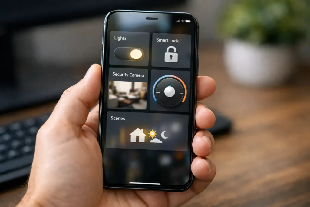 Smartphone app controlling various smart home devices including lights, locks and cameras