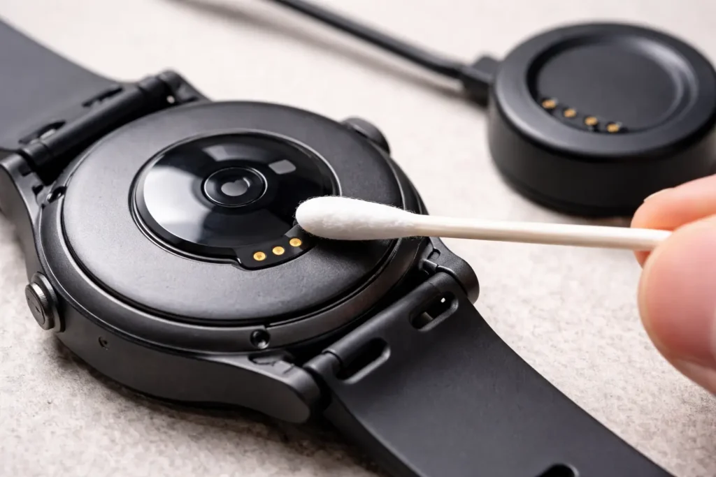 Smartwatch charging port being cleaned with cotton swab and charging dock nearby