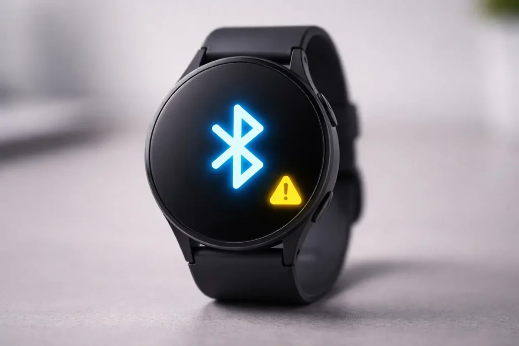 Smartwatch displaying connection error with Bluetooth symbol on screen
