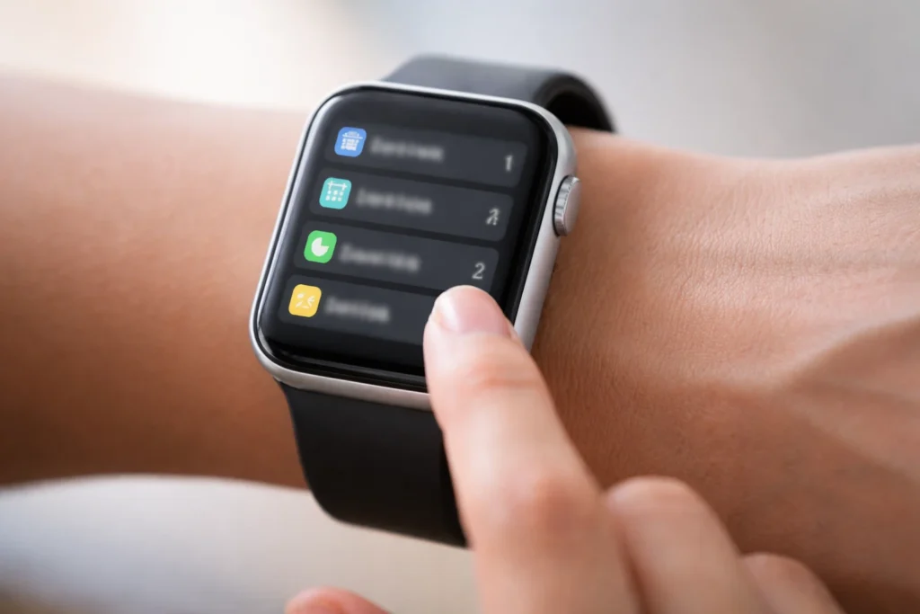 Smartwatch manual time setting screen showing touchscreen navigation through device settings menu
