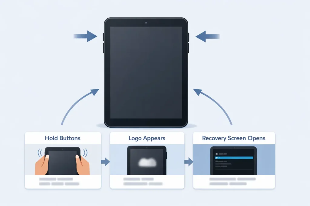 Step by step visual guide showing Volume Up and Power button combination for Samsung tablet hard reset