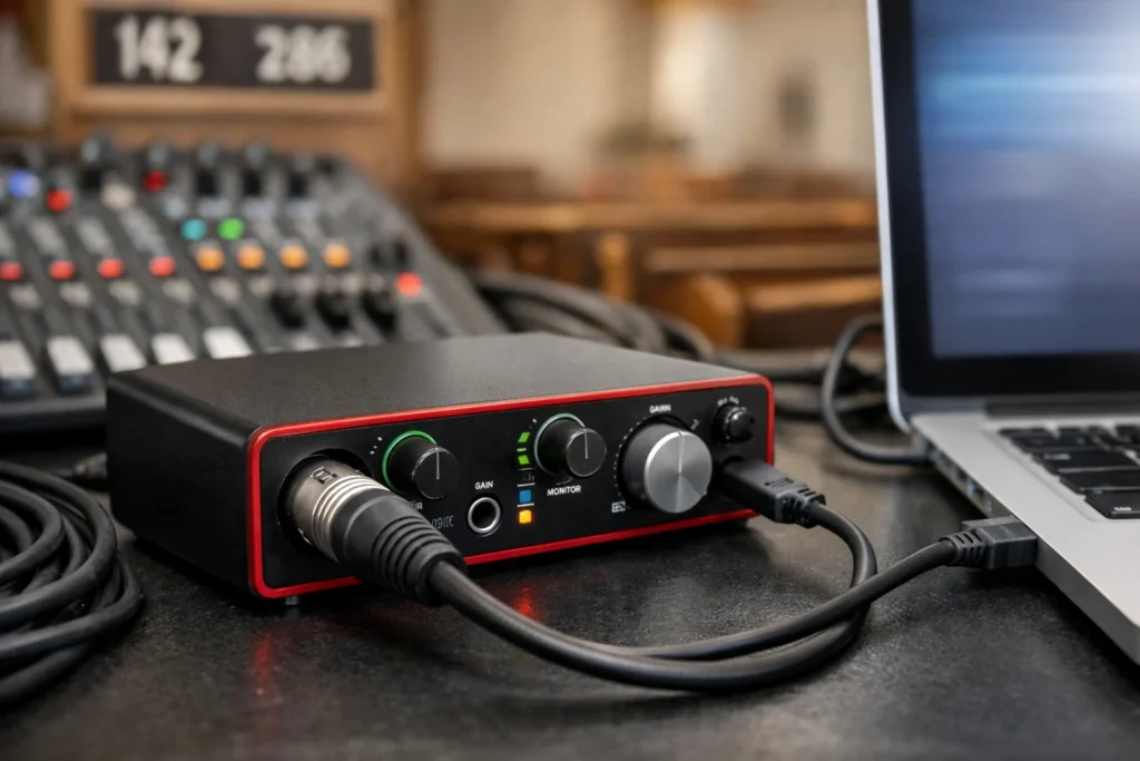USB audio interface used to connect a church soundboard to a streaming laptop for high-quality audio