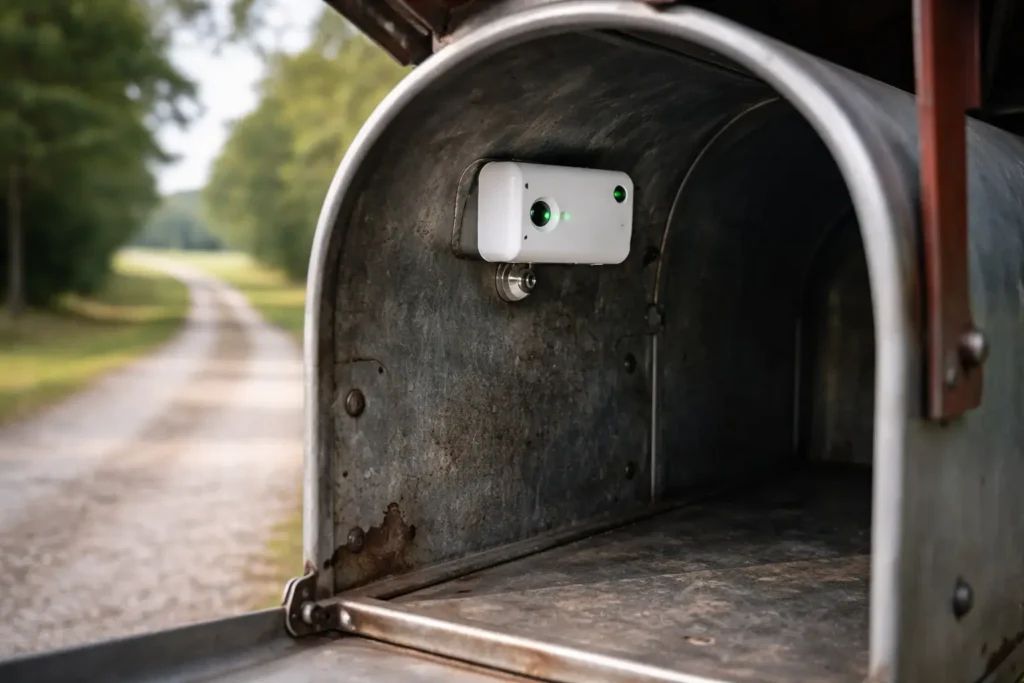 YoLink LoRa mailbox sensor installed on a rural metal mailbox
