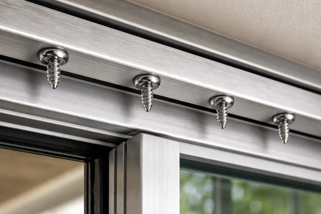Anti-lift screws installed in the upper track of a sliding glass door to prevent burglars from lifting the door off its rollers.
