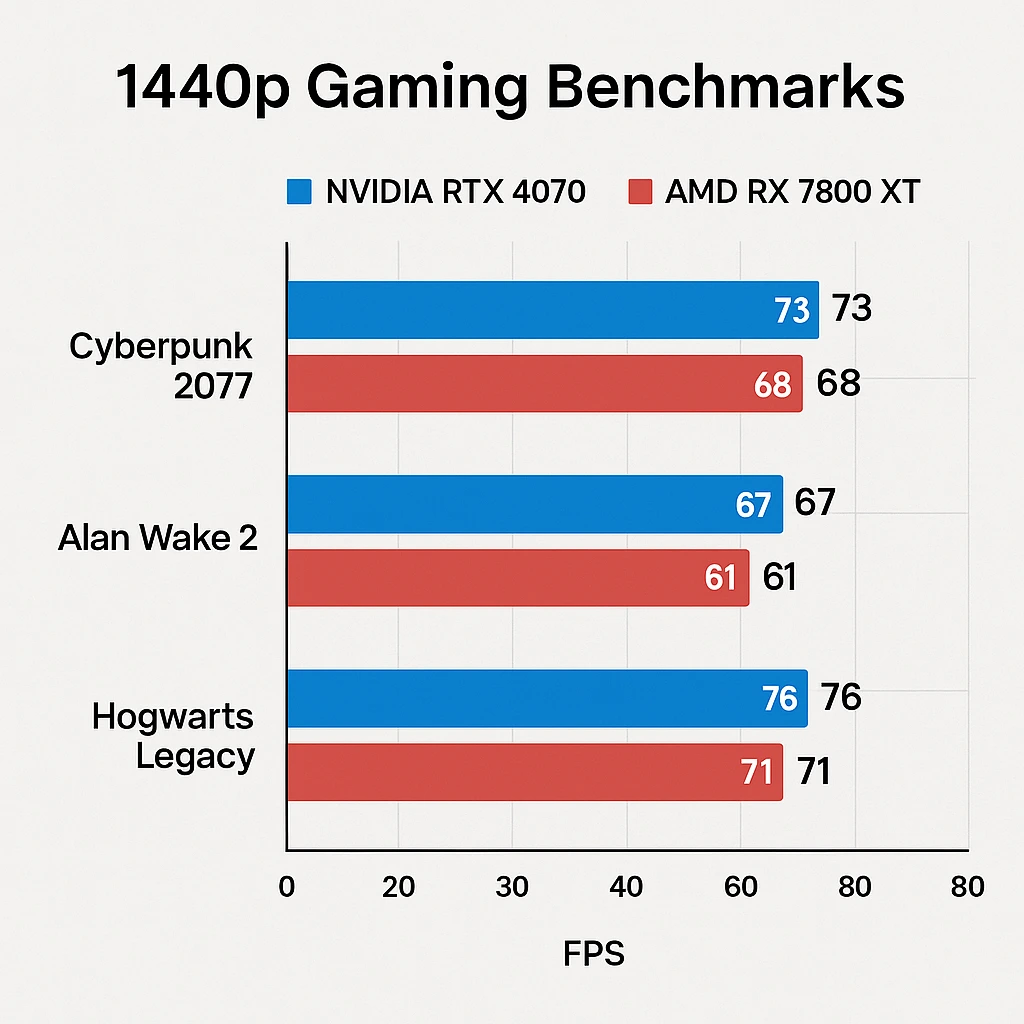 1440p gaming performance chart comparing RTX 4070 Graphics Cards frame rates against the AMD RX 7800 XT in demanding AAA games.
