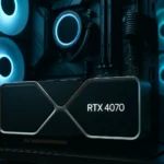 RTX 4070 Graphics Cards Founders Edition displayed in a modern gaming PC build with blue LED lighting.