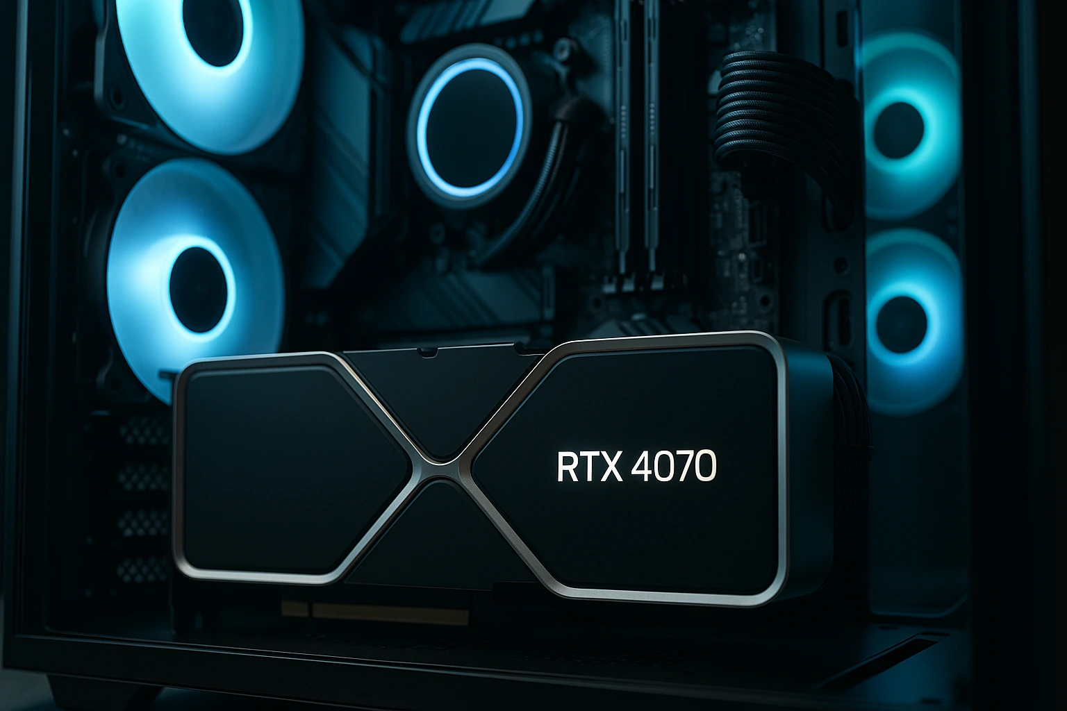 RTX 4070 Graphics Cards Founders Edition displayed in a modern gaming PC build with blue LED lighting.