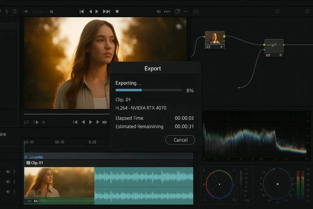 Screenshot of a video timeline being rendered, demonstrating the fast editing performance of RTX 4070 Graphics Cards using the NVENC encoder.