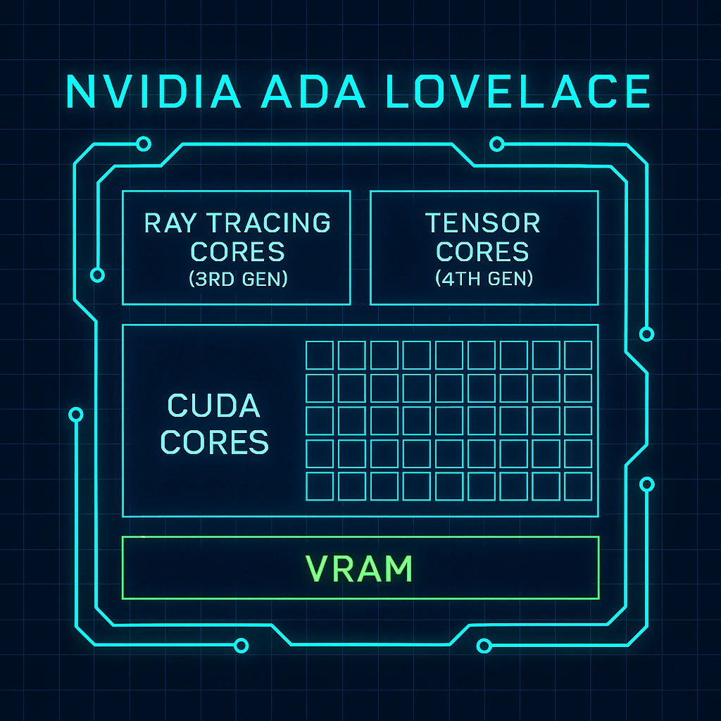 Technical diagram illustrating the NVIDIA Ada Lovelace architecture used by the RTX 4070 Graphics Cards, highlighting Tensor and RT Cores.