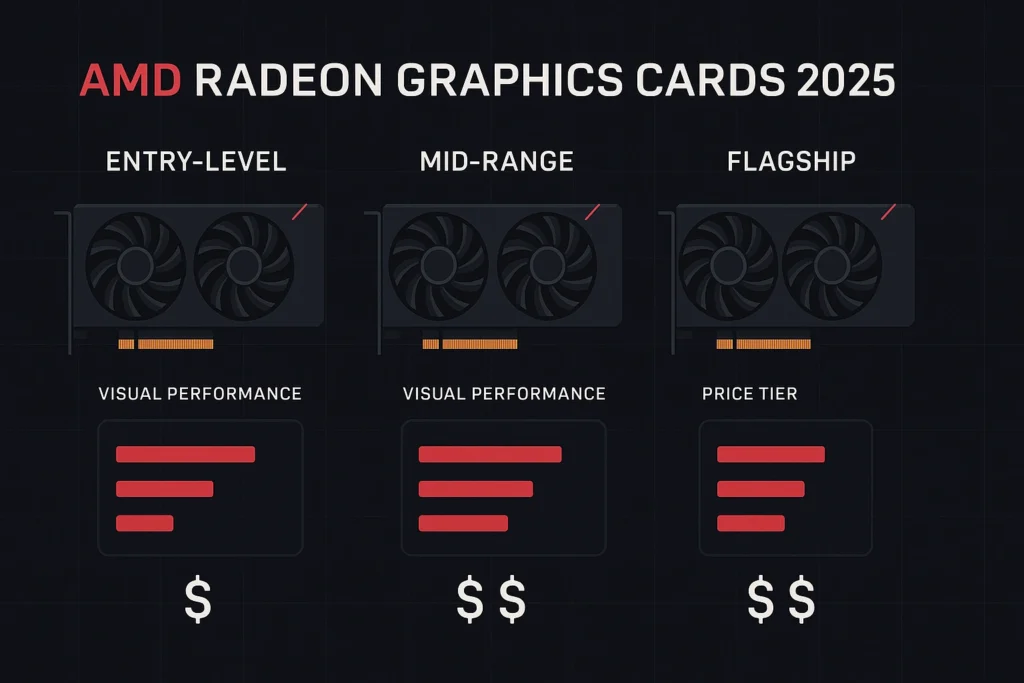 A diagram comparing the raw performance and pricing of various AMD Graphics Cards 2025 models.