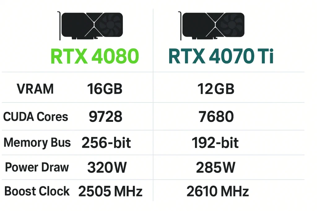 Detailed specs comparison chart showing VRAM and CUDA cores for the RTX 4080 vs RTX 4070 Ti.