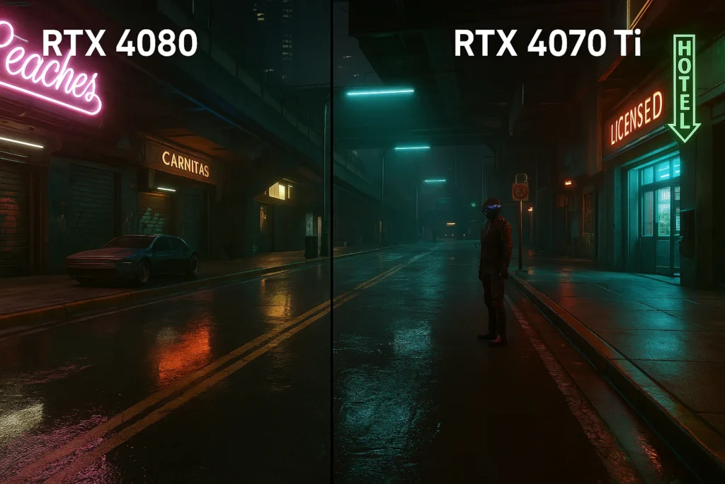 High resolution 4K screenshot illustrating the performance difference between RTX 4080 and RTX 4070 Ti.