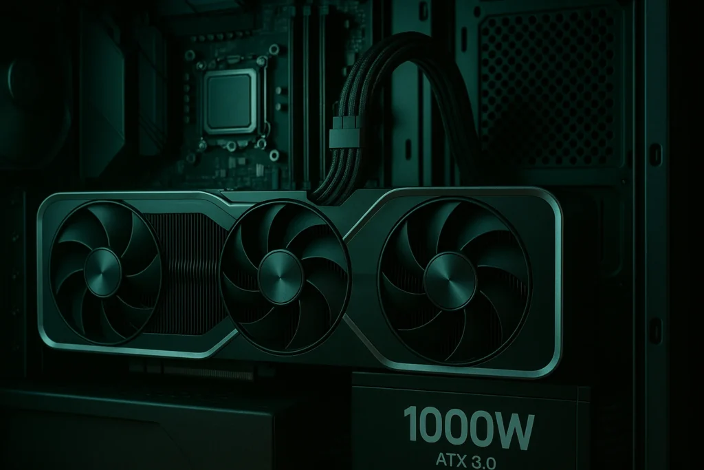 Image of an RTX 4090 installed next to a required 1000W PSU