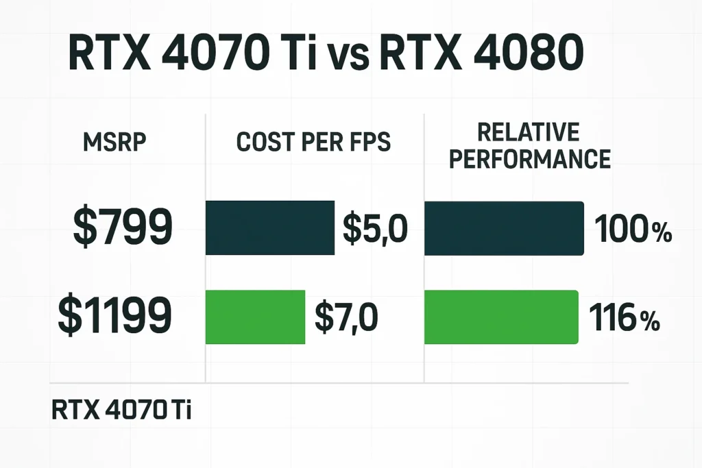 Price to performance ratio breakdown of the RTX 4070 Ti against the higher priced RTX 4080.