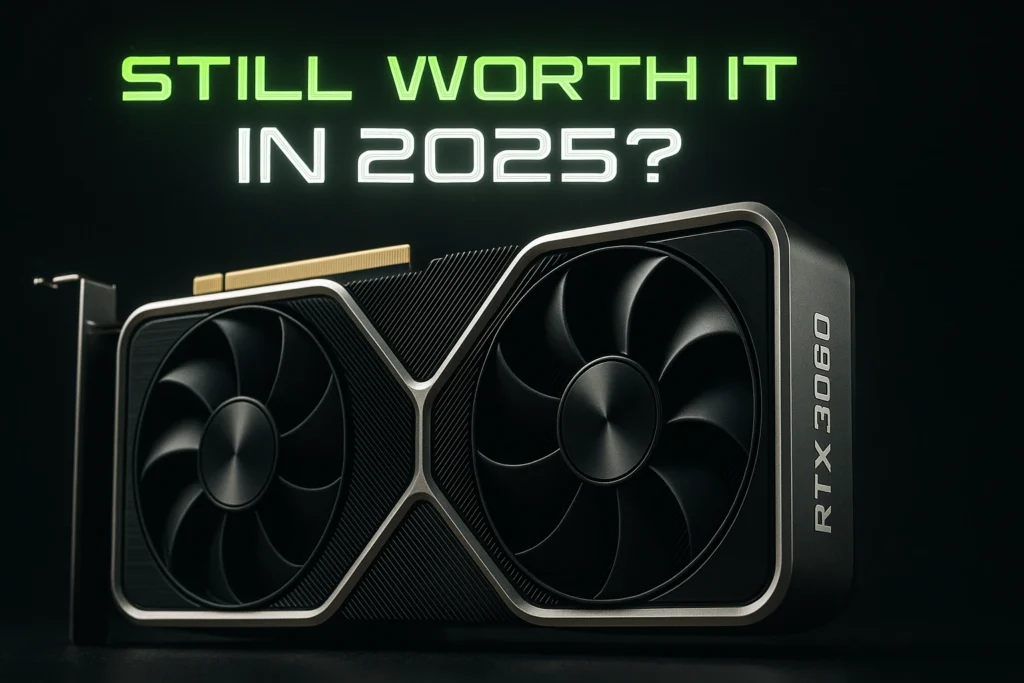 RTX 3060 Graphics Card A close up of the graphics card with the question Still Worth It in 2025 overlaid, emphasizing its longevity