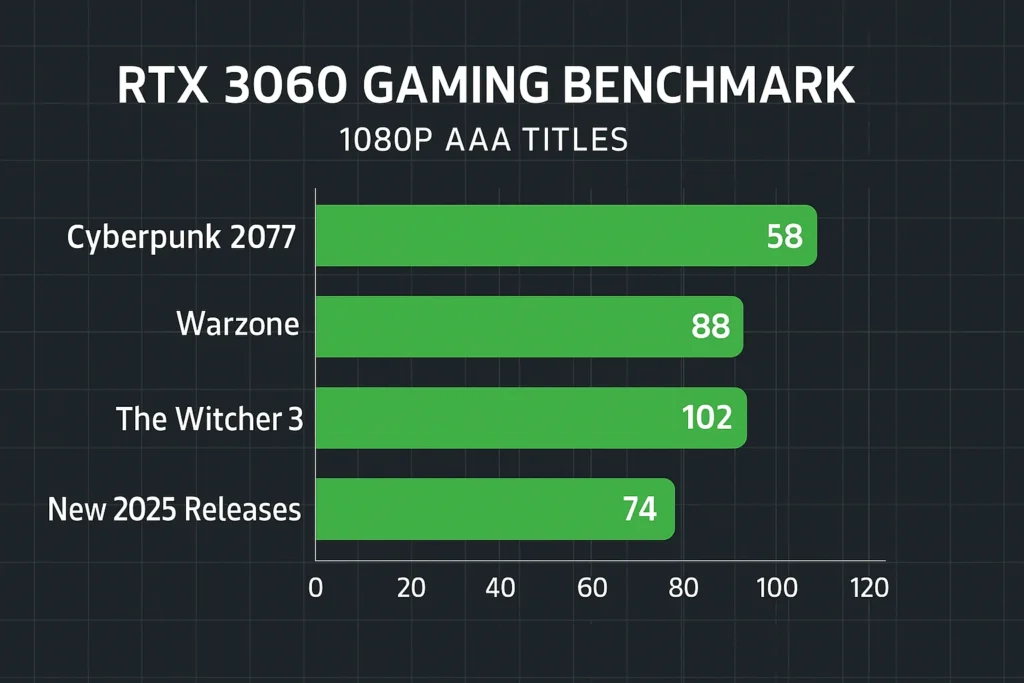 RTX 3060 Graphics Card Benchmarks showing stable 1080p gaming performance in modern AAA titles for the 2025 review.