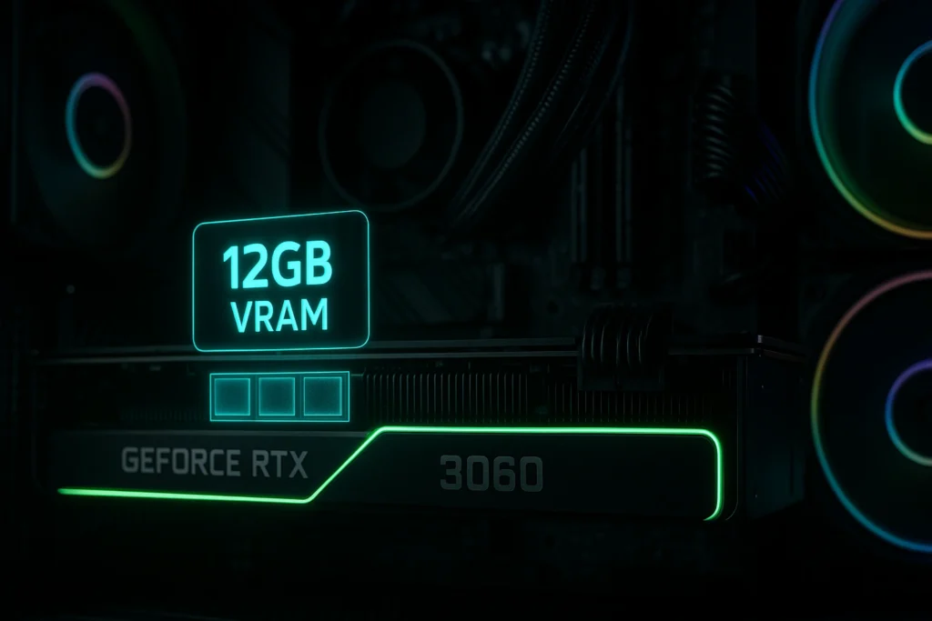 RTX 3060 Graphics Card Internal view of a PC highlighting the 12GB VRAM buffer, crucial for content creation and AI tasks.