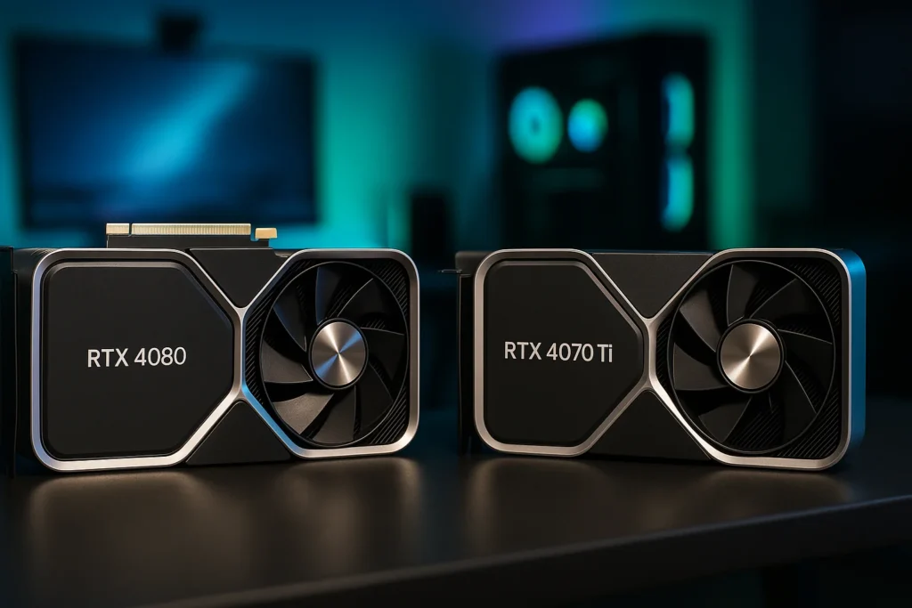 RTX 4080 vs RTX 4070 Ti Founders Edition cards side by side on a gaming desk.