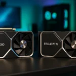 RTX 4080 vs RTX 4070 Ti Founders Edition cards side by side on a gaming desk.