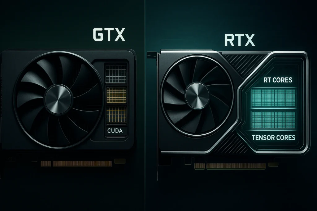 Side-by-side comparison of an RTX Vs GTX GPU showing the architectural difference.