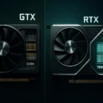 Side-by-side comparison of an RTX Vs GTX GPU showing the architectural difference.