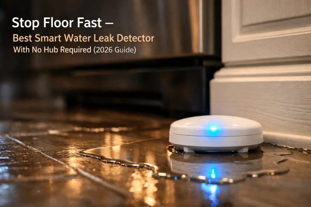 Smart water leak detector on kitchen floor near baseboards to stop floor damage fast