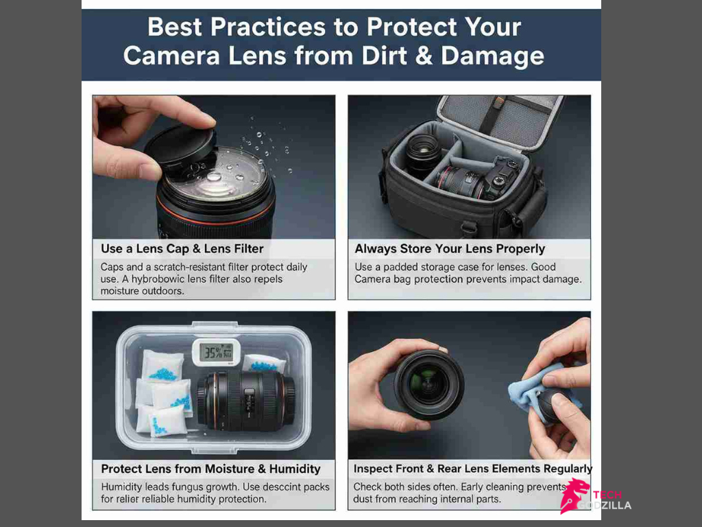 Removing dust from camera lens with air blower.