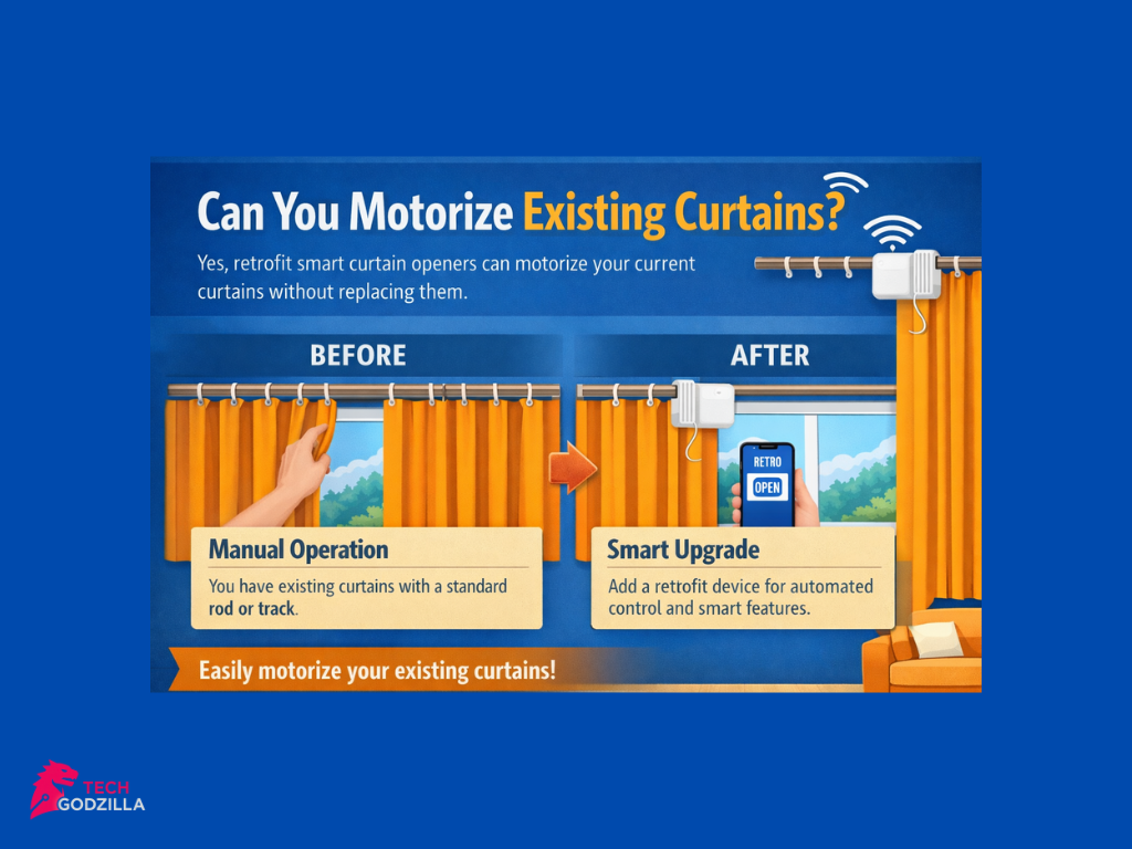 Motorized curtains using a retrofit smart curtain opener.