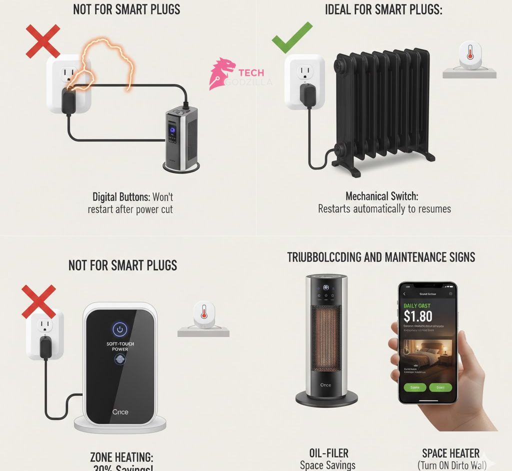 Heavy duty smart plug plugged directly into a wall-mounted electrical outlet.