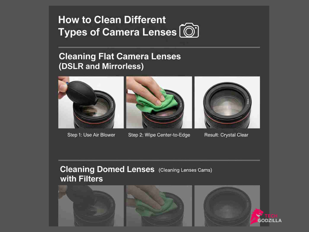 Using lens cleaning solution for camera lens maintenance.