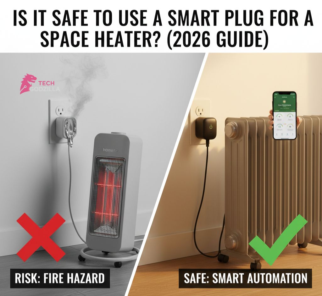 Comparison of a dangerous setup vs a safe smart plug for space heater automation.