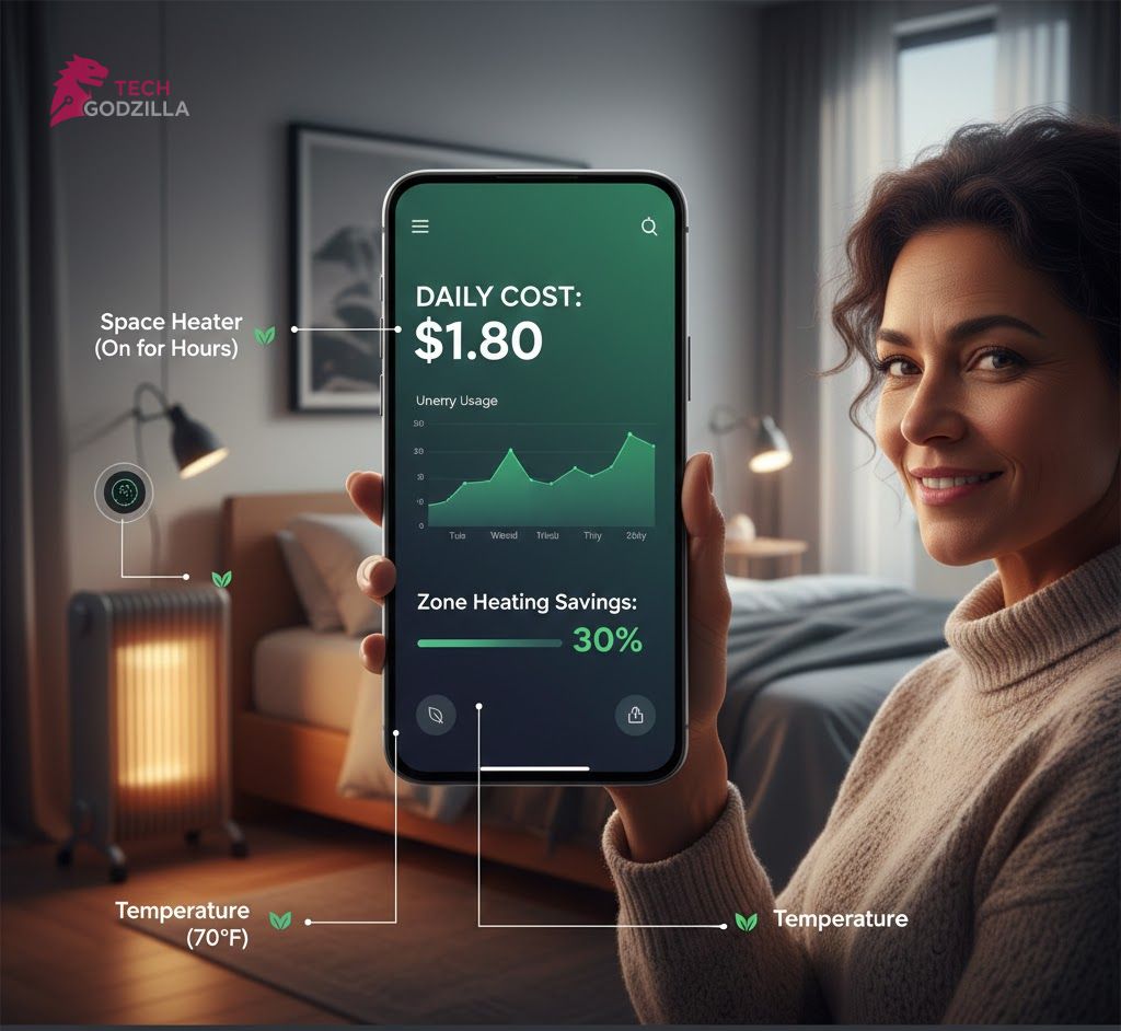 Smart phone app tracking electricity costs and savings for a smart plug for space heater.