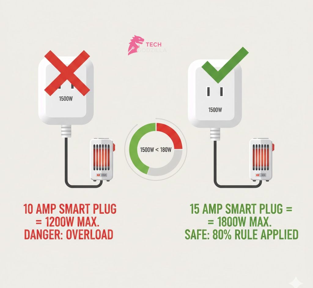 Smart home app showing energy monitoring for a 1500W electric heater.