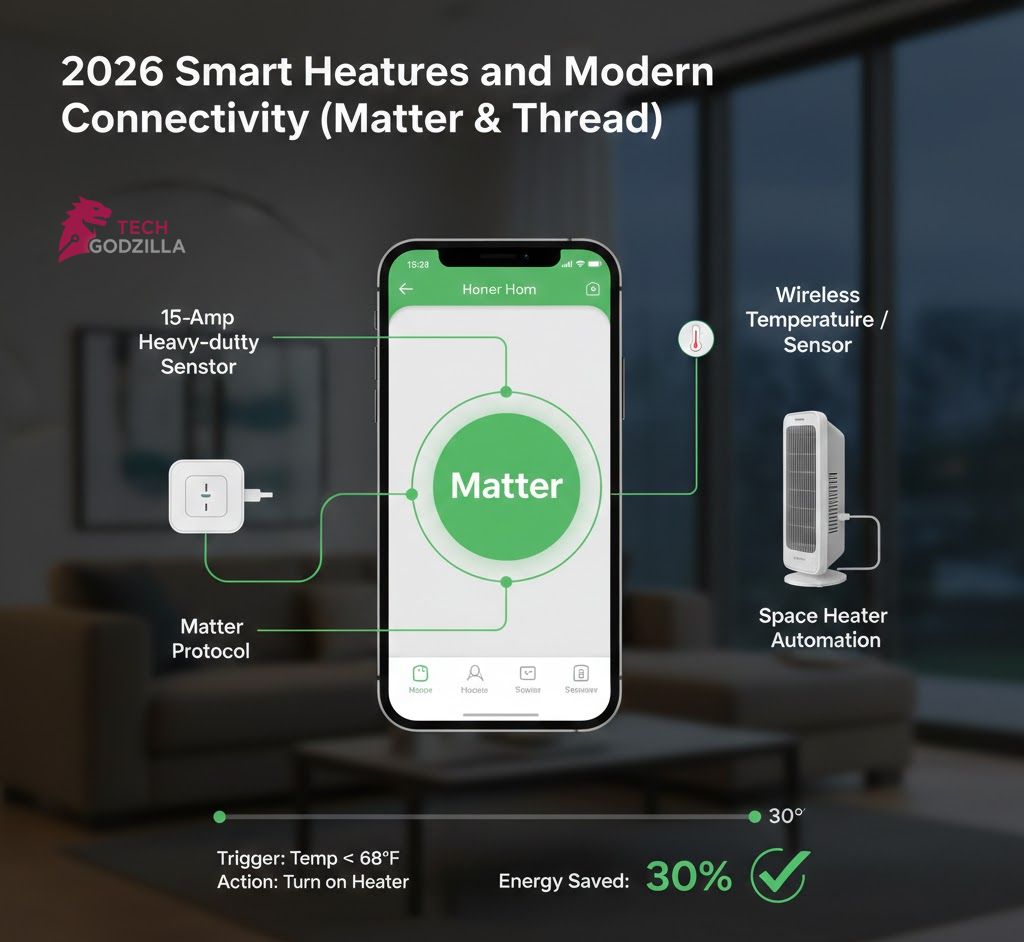 2026 Matter-enabled smart plug for space heater connected to a wireless temperature sensor.