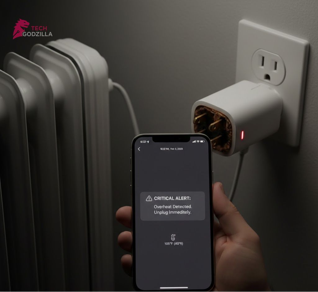 Mobile phone showing a high-temperature safety alert from a smart plug for space heater.