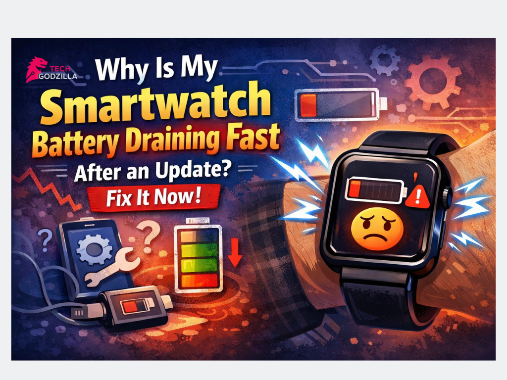 Smartwatch showing low battery warning after software update.