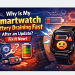Smartwatch showing low battery warning after software update.