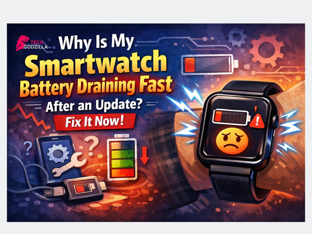 Smartwatch showing low battery warning after software update.